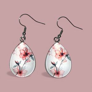 Pink Hibiscus Dangle Earrings - Silver Tone Teardrop French Hook - Floral